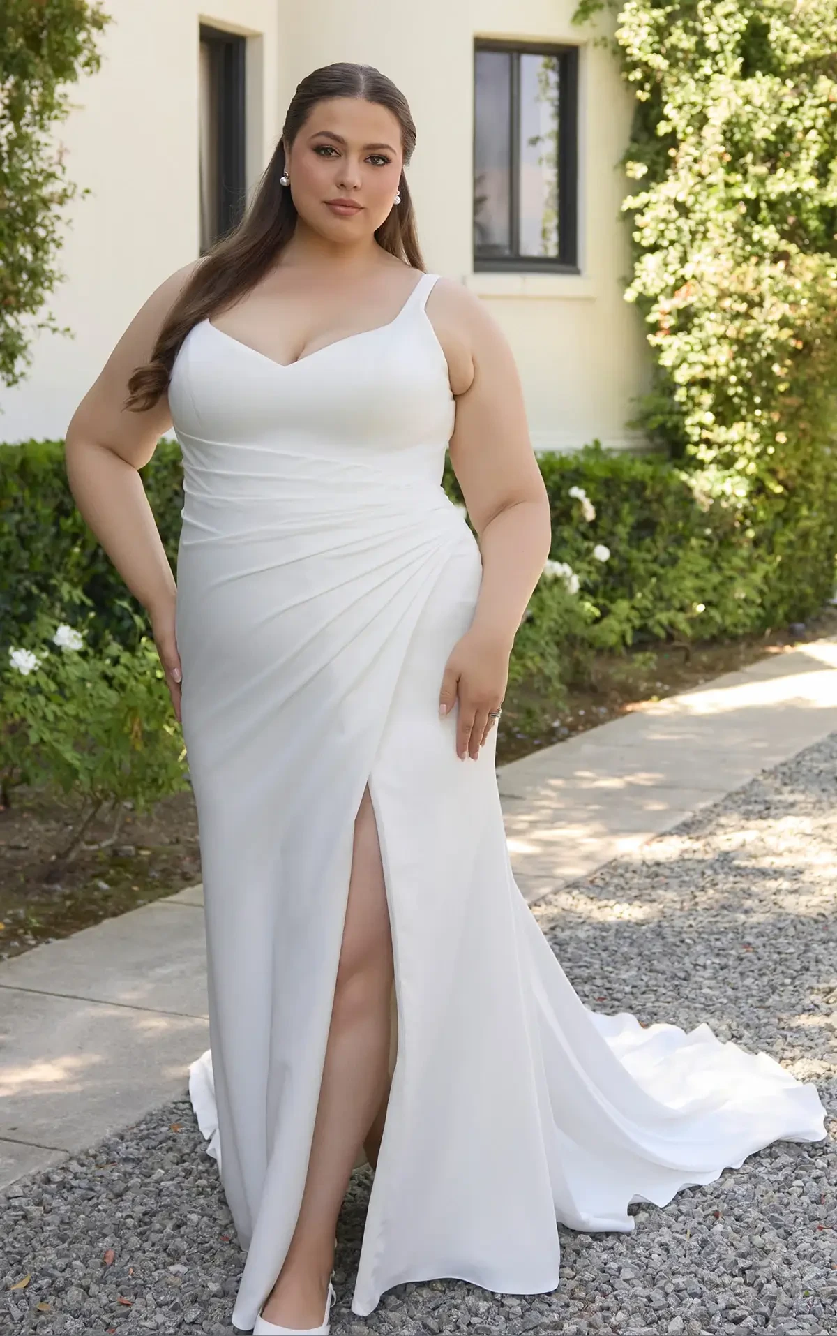 Essense of Australia D4439+ Soft Satin Plus Size Column Gown with Pleated Bodice and Low V-Back - Column wedding dress with soft satin and asymmetrical pleating