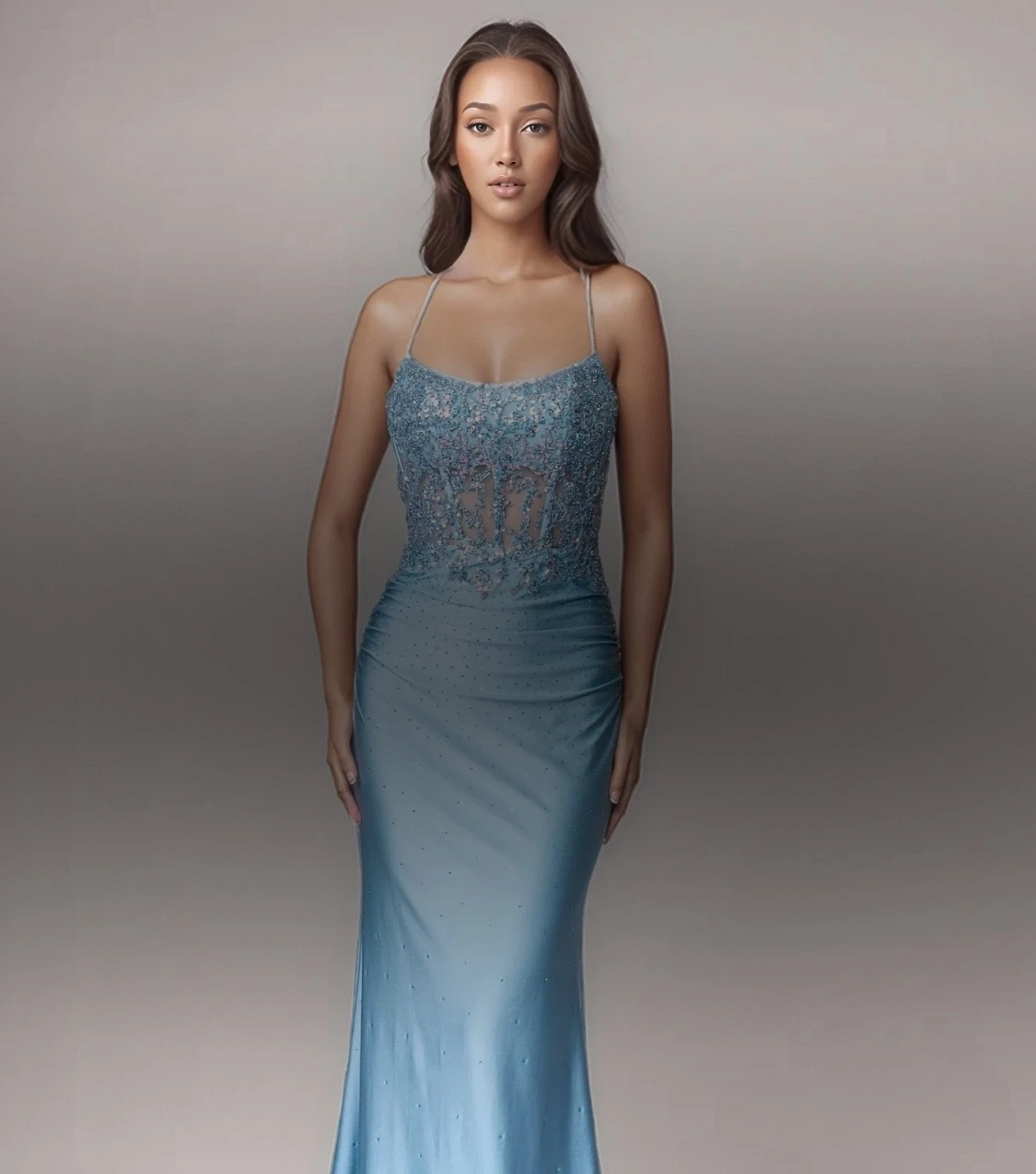 Model wearing a prom dress. Mobile image
